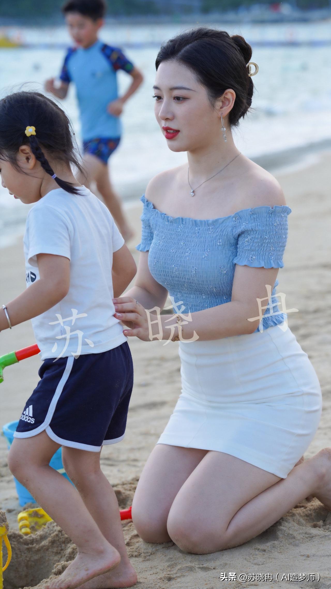 海边带娃，累到直不起腰，却甜得发烫。
陪女儿蹲沙堆挖“宝藏”，看儿子追浪花撒欢儿