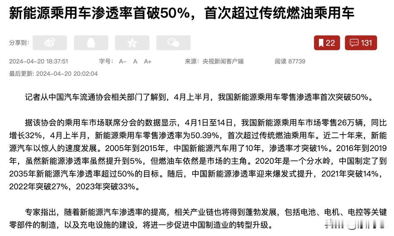 见证历史了。新能源车渗透率正式超过油车了。十年以后，油车可能是个稀罕物了。
4月