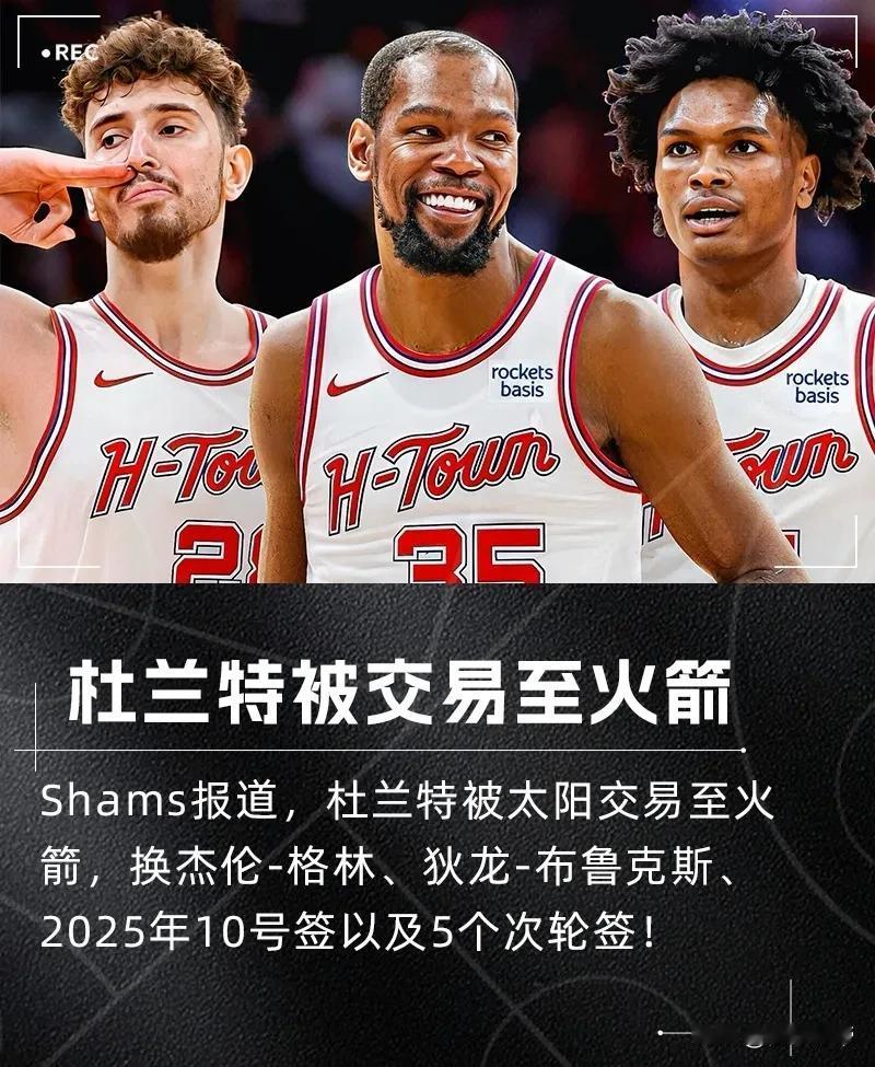 火箭要起飞了，杜兰特被太阳交易到火箭了！

刚刚NBA传出了重磅消息，太阳和火箭