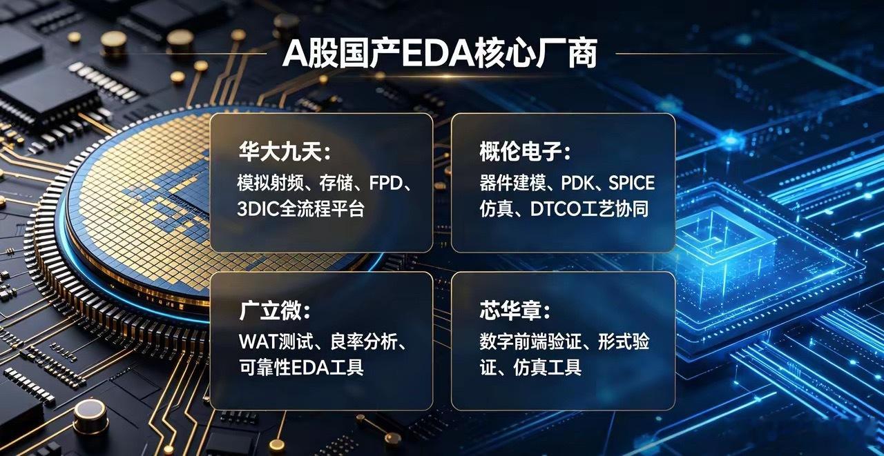 A股国产EDA四大核心龙头EDA是芯片设计必备工业软件，海外三巨头长期垄断，国产
