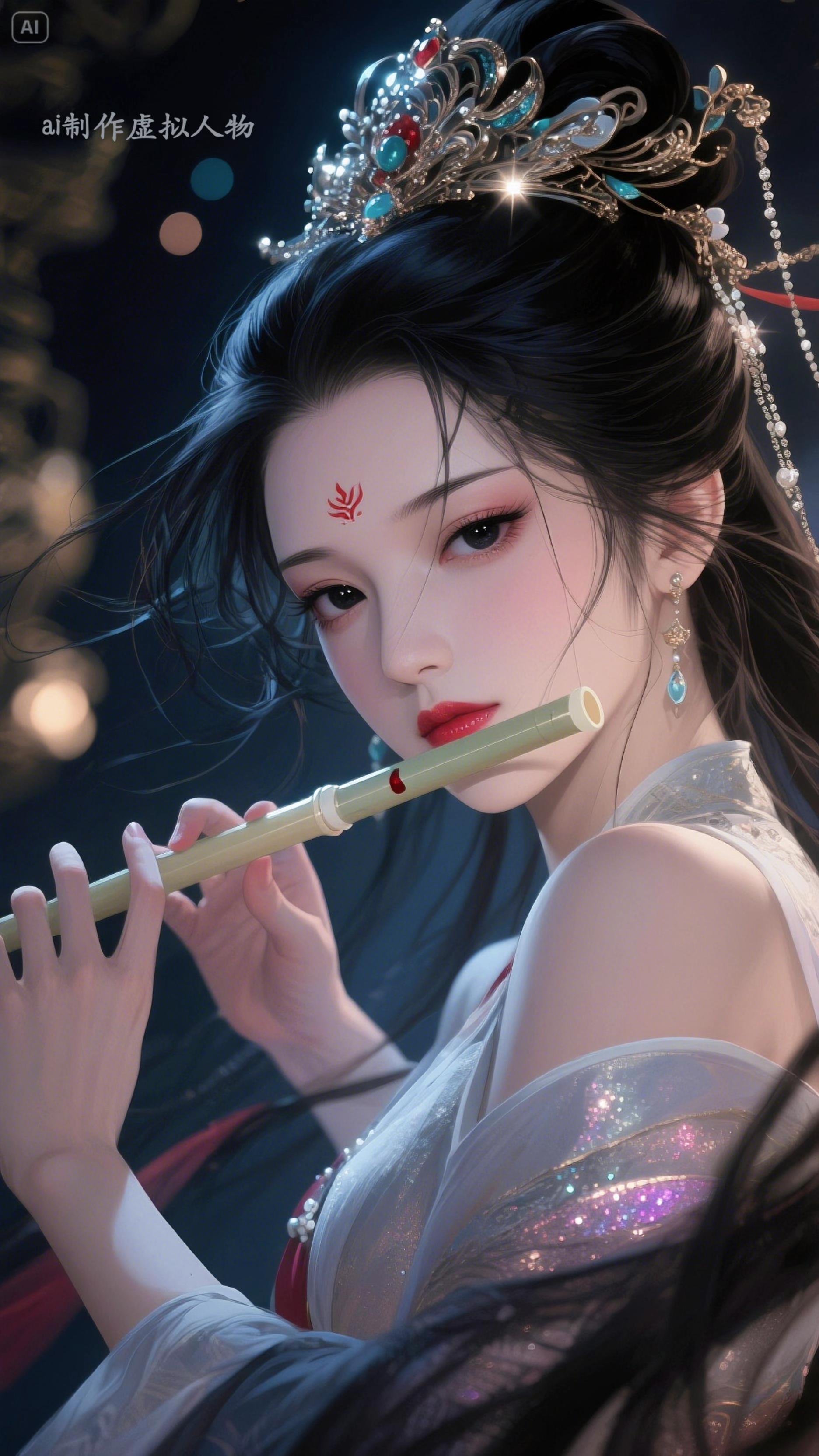 ai制作，宫中吹笛古风美人。图片由即梦ai制作而成的虚拟人物，重制版