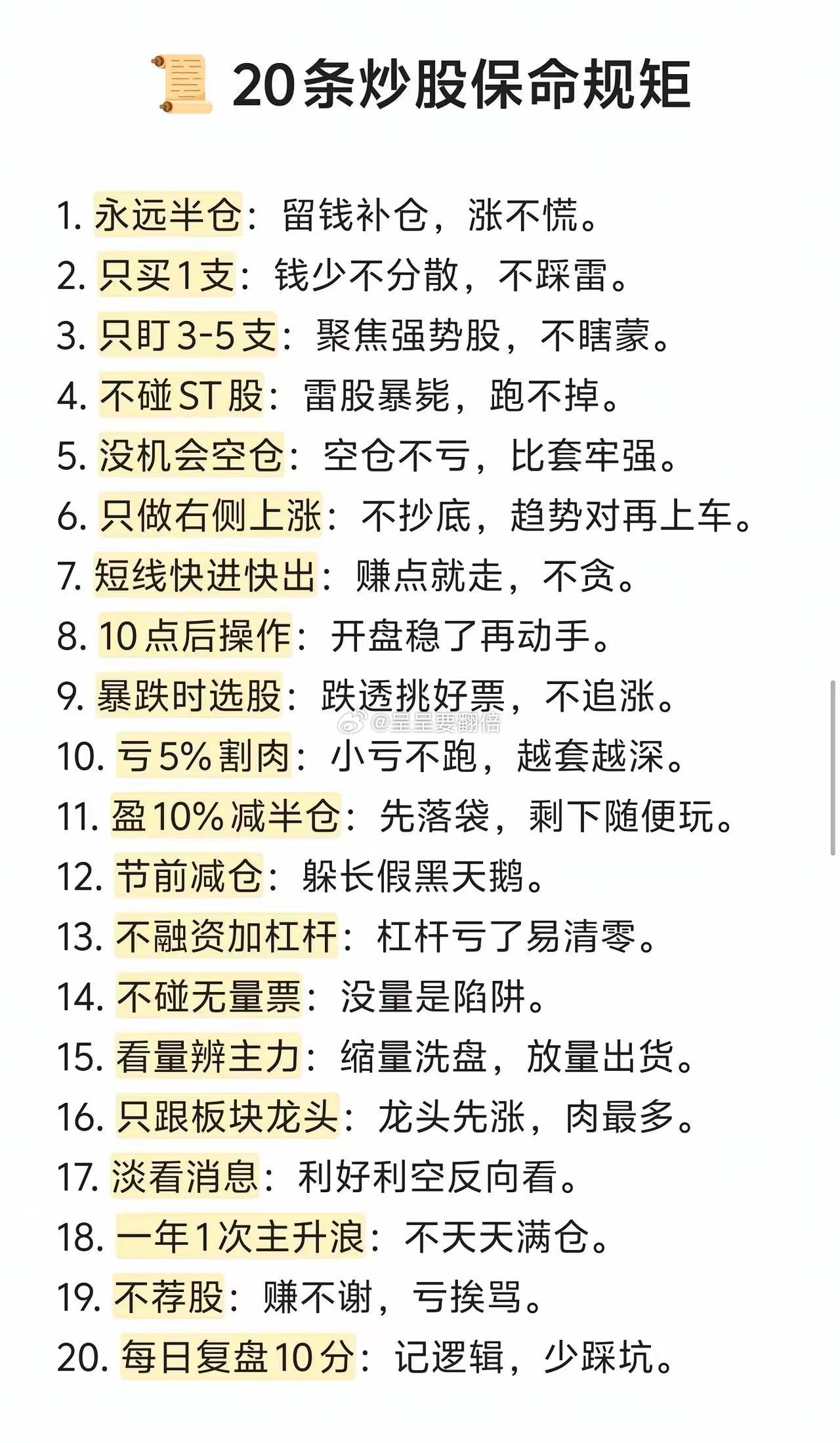 总结了20条非常经典的炒股“保命”规矩，核心思想是控制风险、保住本金。这些规则来