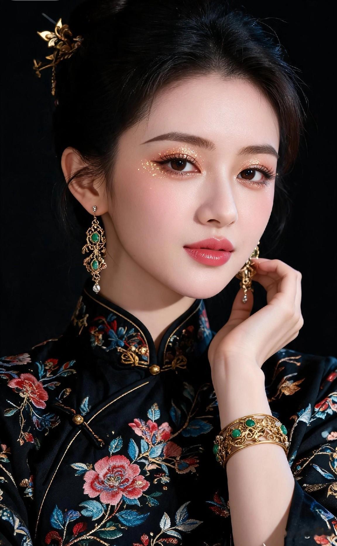 中国风旗袍服装推荐精致花卉刺绣改良旗袍版型得体，黑金配色显贵，国风穿搭首选款式旗