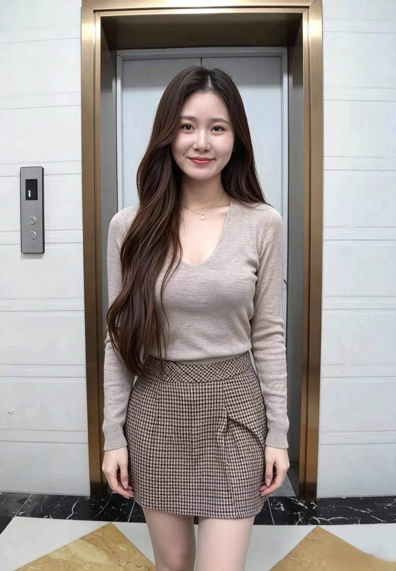 素袖轻罗韵自娴，眉如远岫鬓如烟。
电梯闲倚清光里，不借铅华已胜仙。
浅笑嫣然藏秀