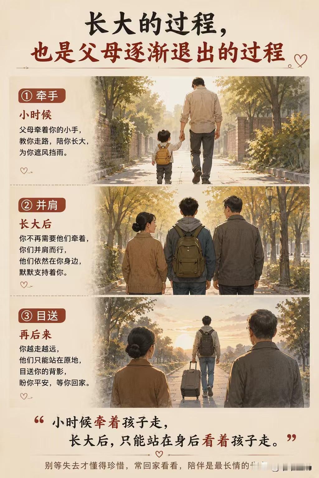 小时候，父母牵着我们走；
长大后，父母站在身后目送我们远行。