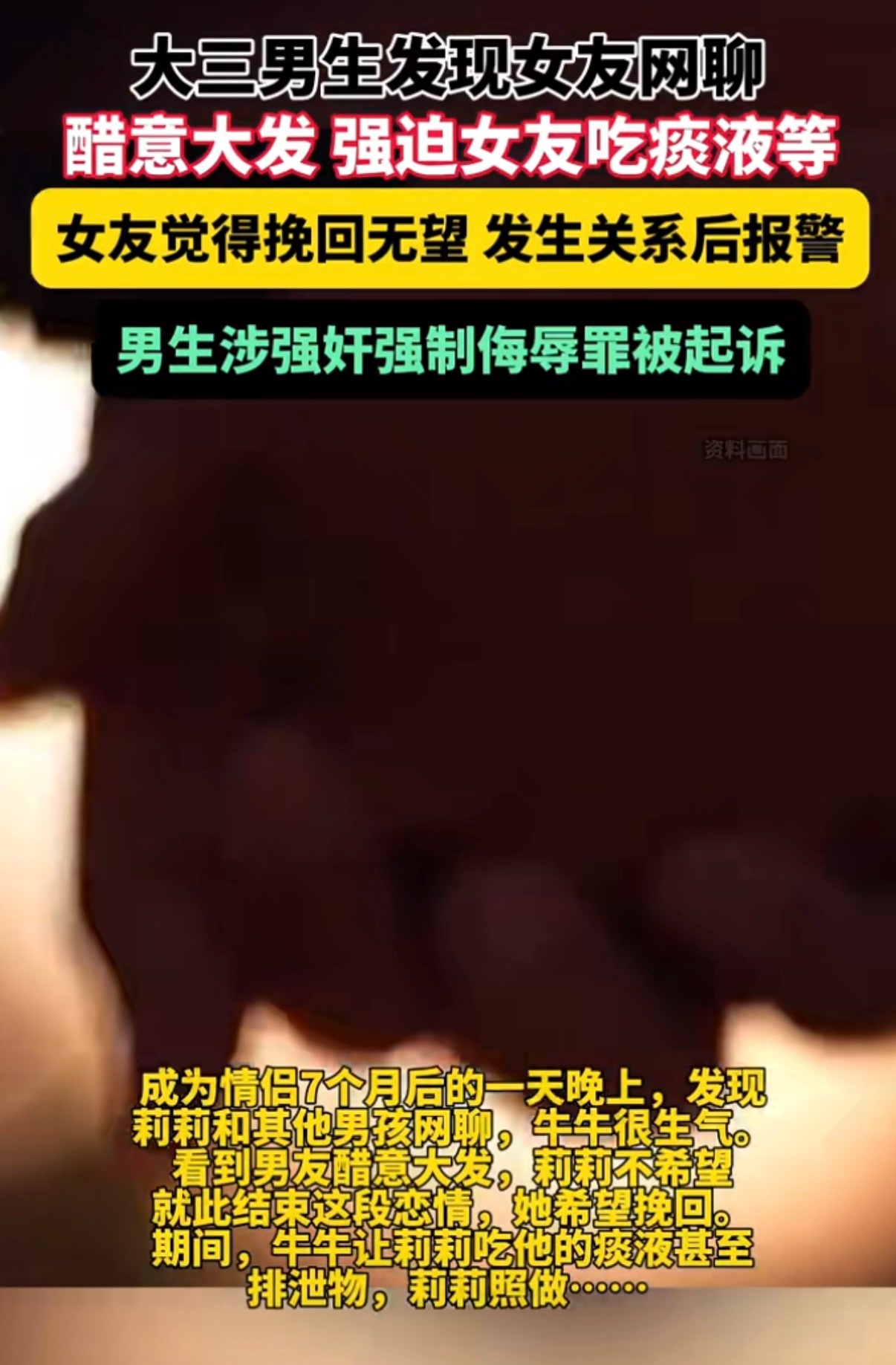 大三男生涉嫌强奸强制侮辱大一女友发现女友和异性网聊，逼迫女友吃痰吃排泄物这是什么