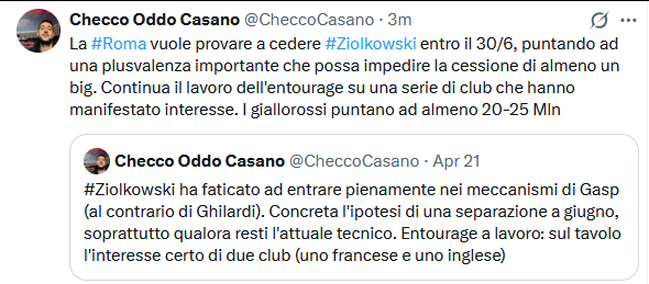 Checco：罗马想努力在6月30日之前出售齐奥尔科夫斯基，以便获得一笔可观的资