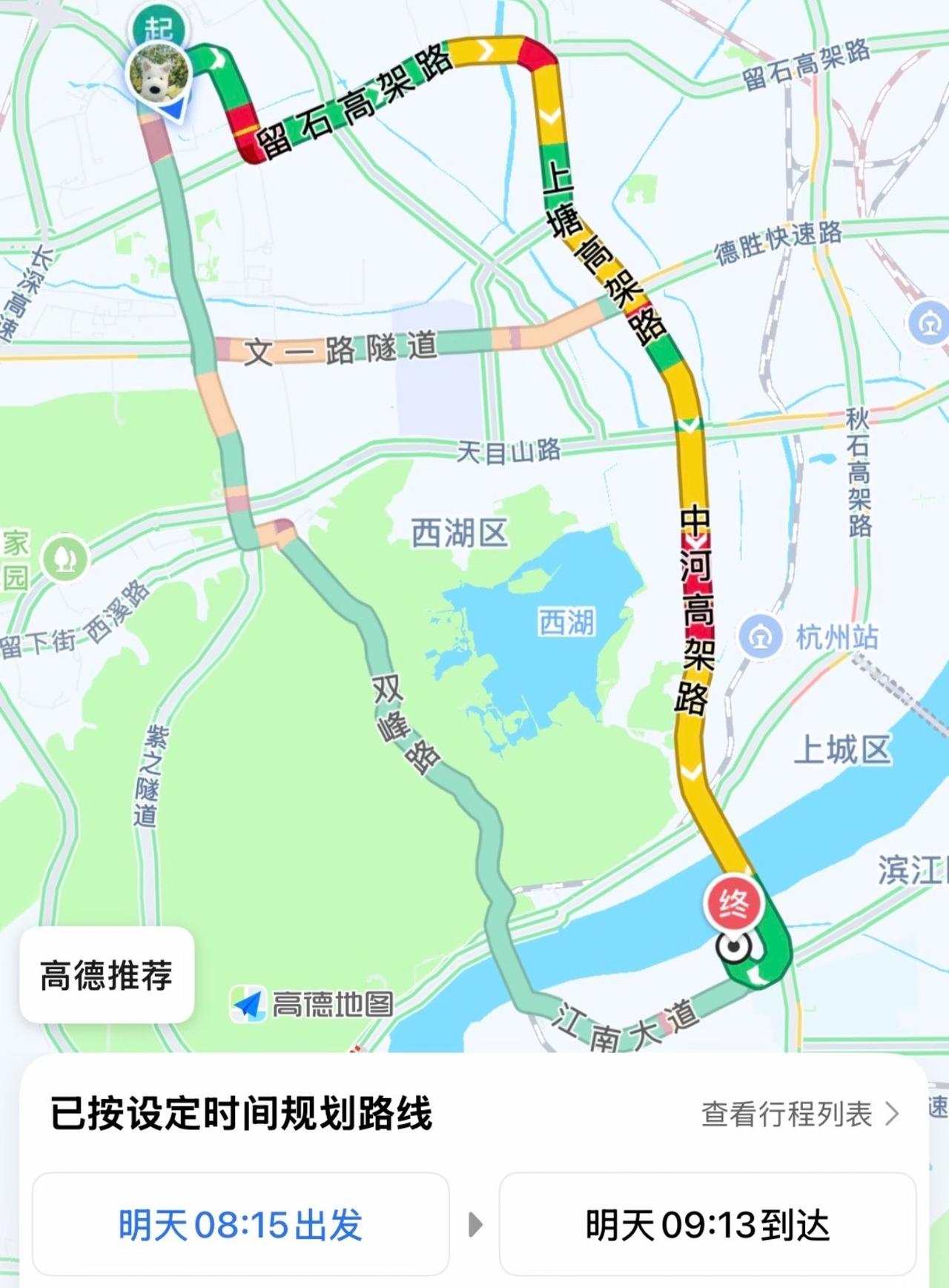 不愧是早高峰时段
这条从三墩到滨江的路线
从地图上看
堵的都彩虹一样了
本来是准