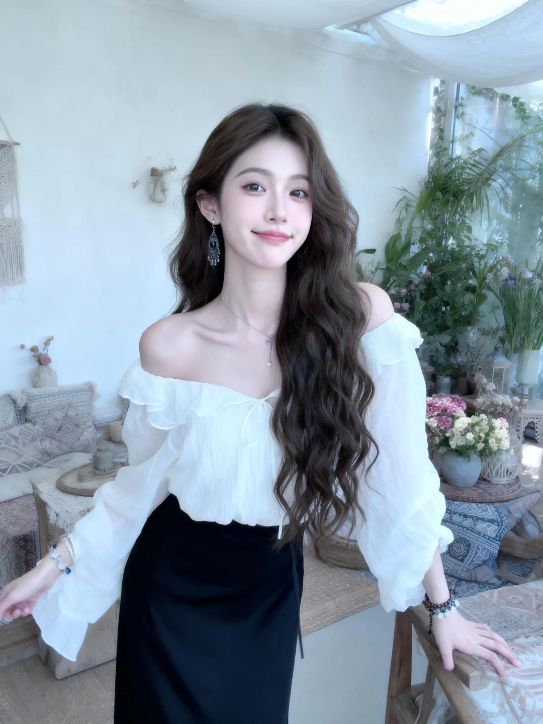 波西米亞風格的傢俱裝飾、植物、花卉、精緻的燈光、4K、个子高挑的女生...