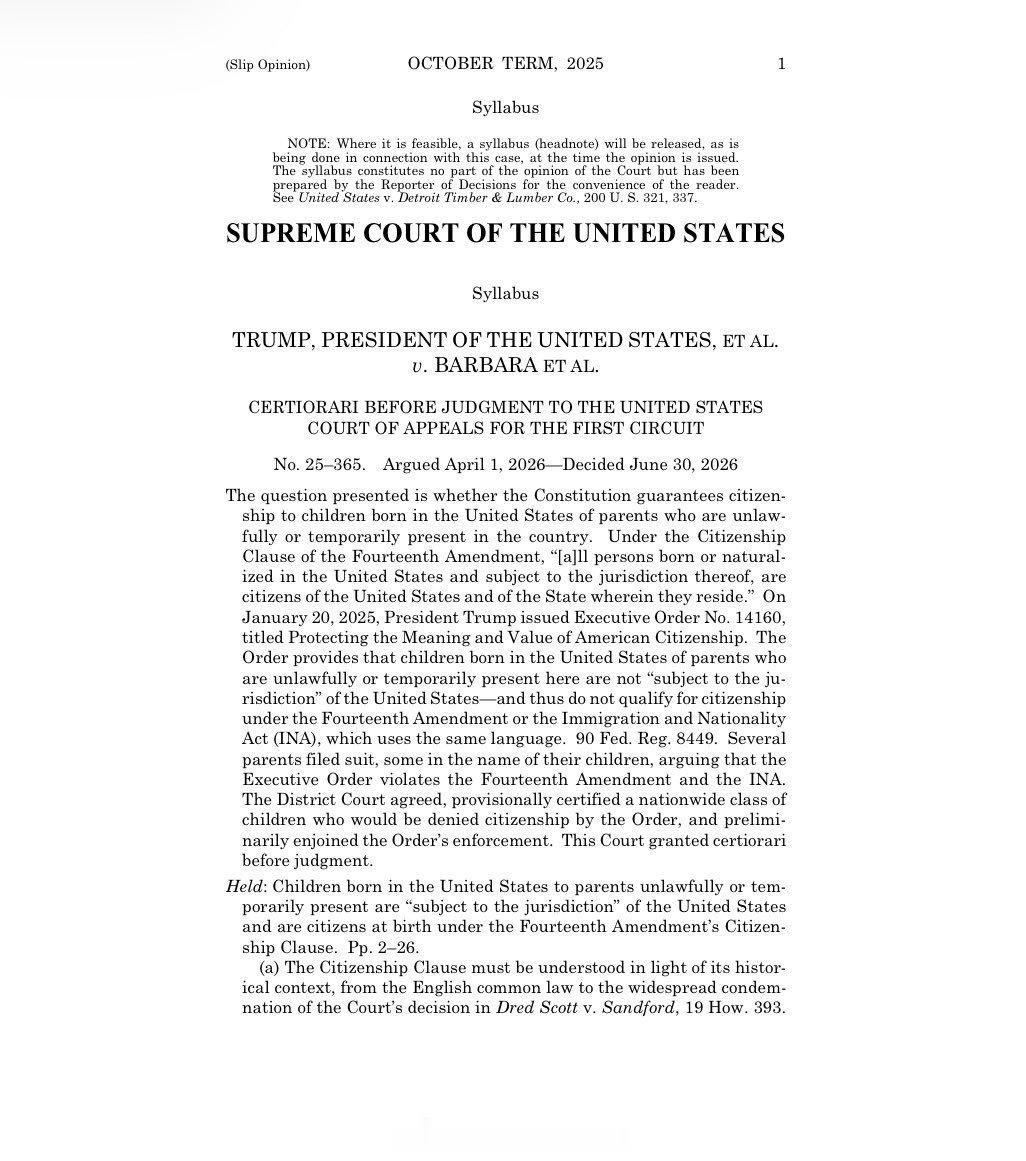 美国最高法院今天以6-3裁定，川普试图通过行政令终止“出生公民权”的做法违反了美