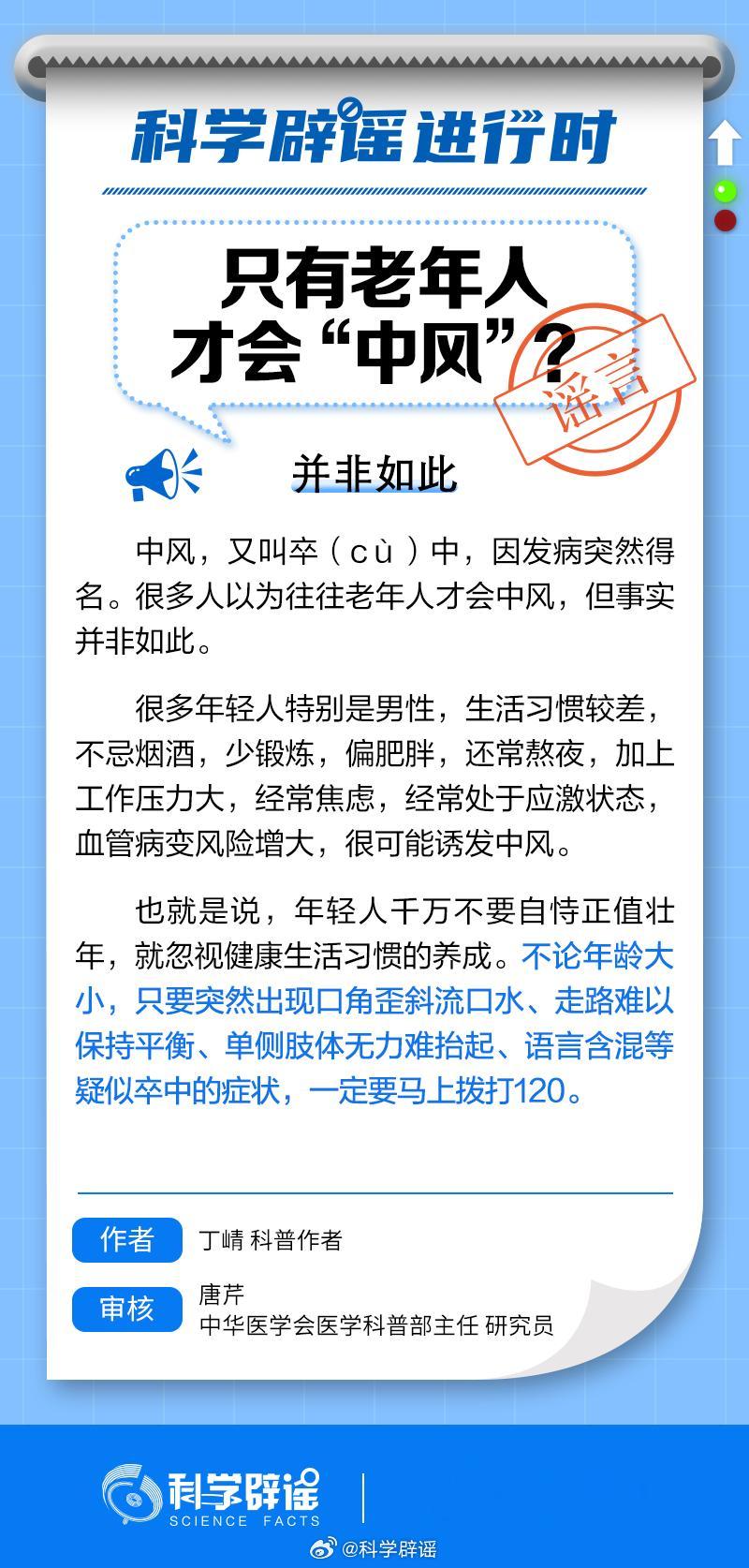 #科学辟谣进行时#【只有老年人才会“中风”？】#不是只有老年人才会中风#，很多年