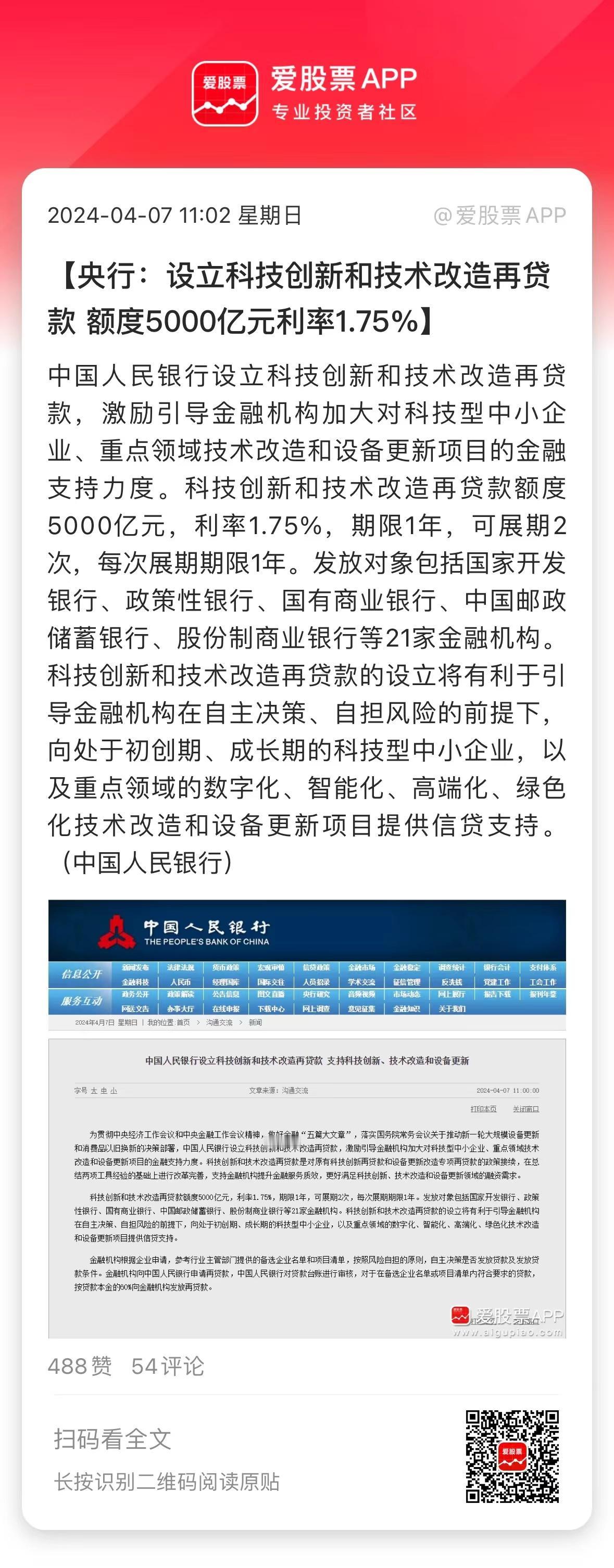今天央行的大利好，设立5000亿元科技创新基金，利率仅1.75%！用于扶持科技型