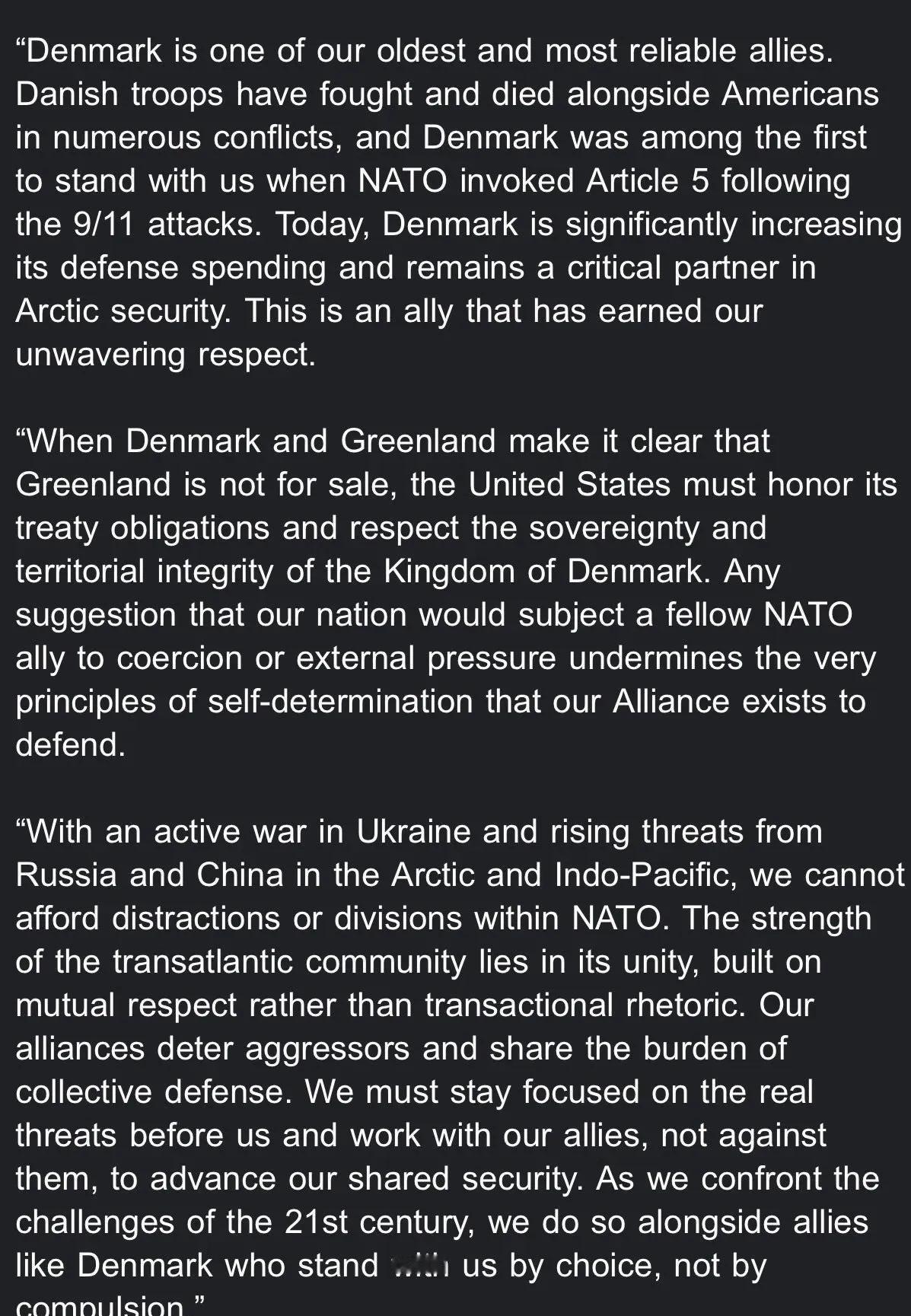 美参议院罕见两党共同声明：丹麦是我们最古老、最可靠的盟友之一。
        