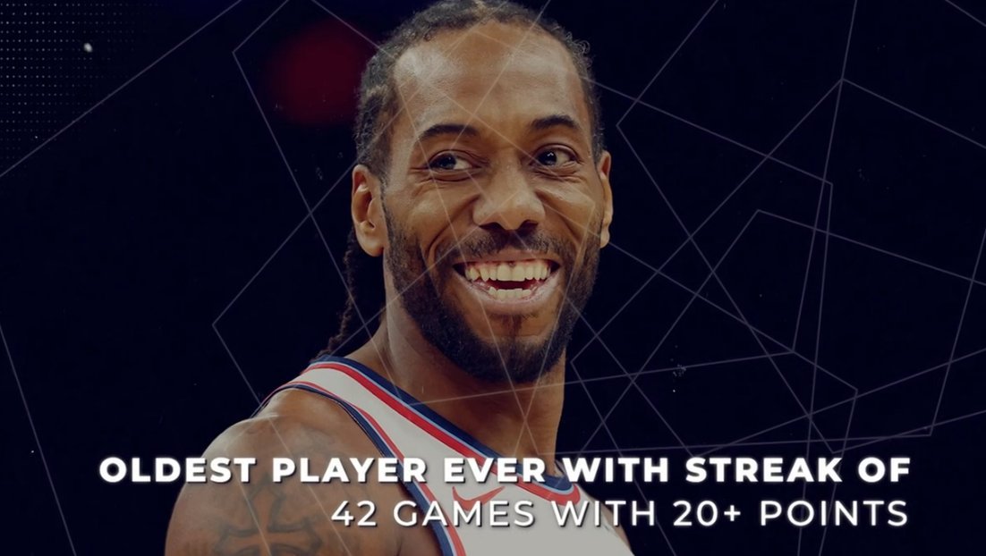 ▲连续42场单场20+分的球员里，岁数最大的就是伦纳德