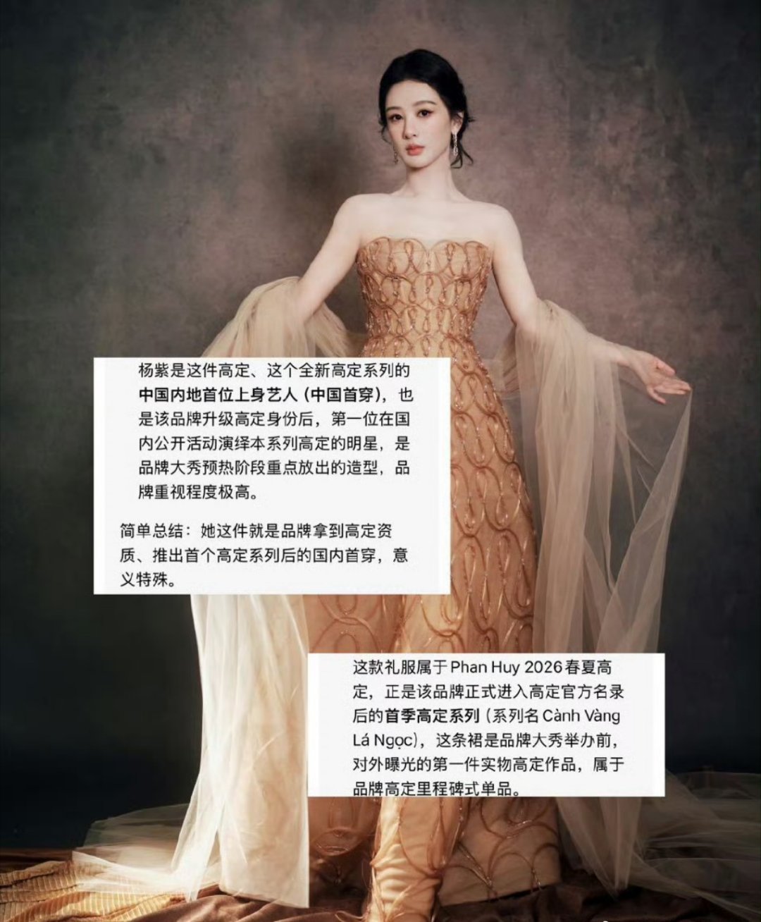 杨紫是Phan Huy高定品牌在中国区的首解锁，身上这件为全球首穿，单论艺人，这