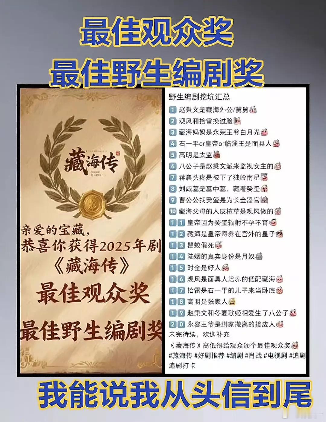 藏海传是野生编剧最扬眉吐气的一部剧，观众参与感很满足，剧氛围最佳的一部剧 ​​​