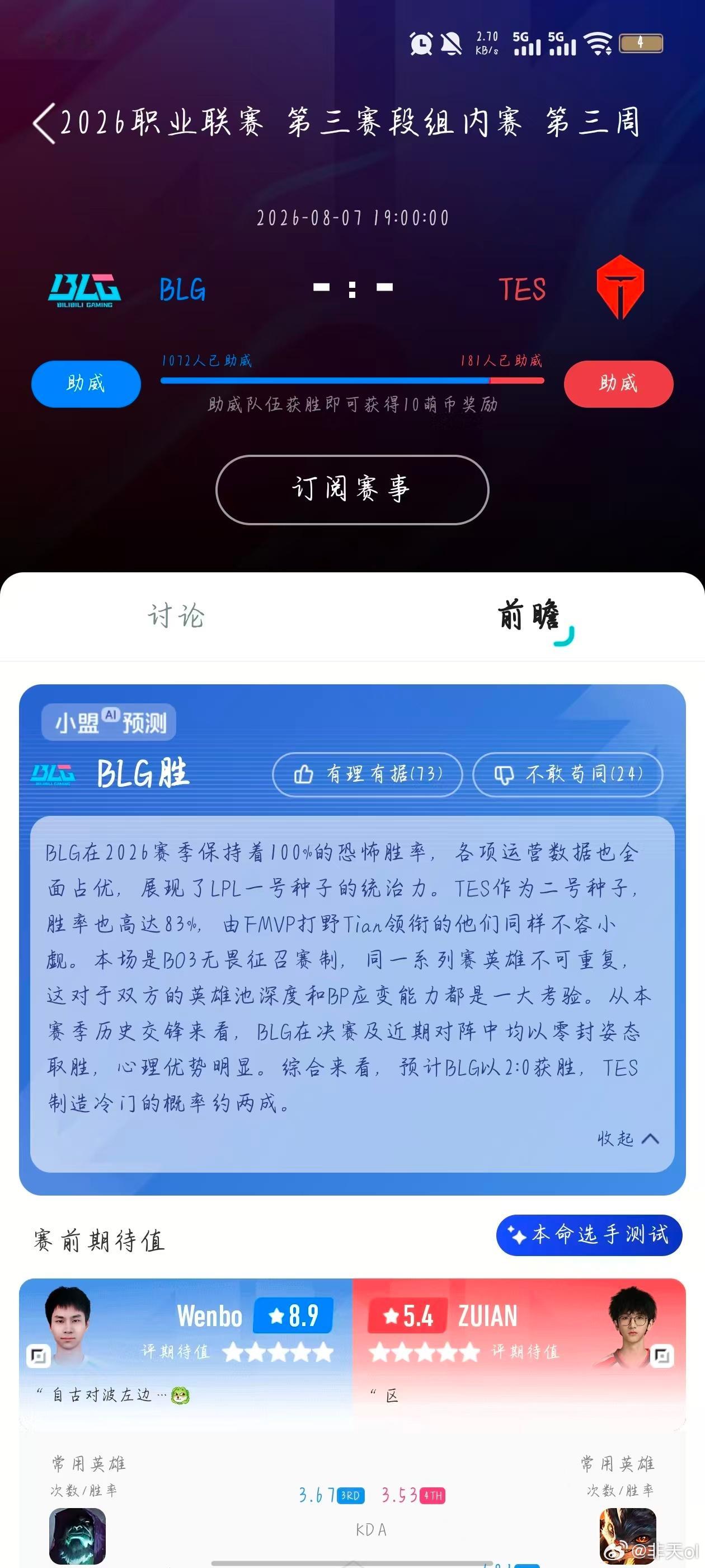 BLG冲击七连胜今晚19点BLG迎战TES冲击七连胜！Wenbo顶替Bin登场后