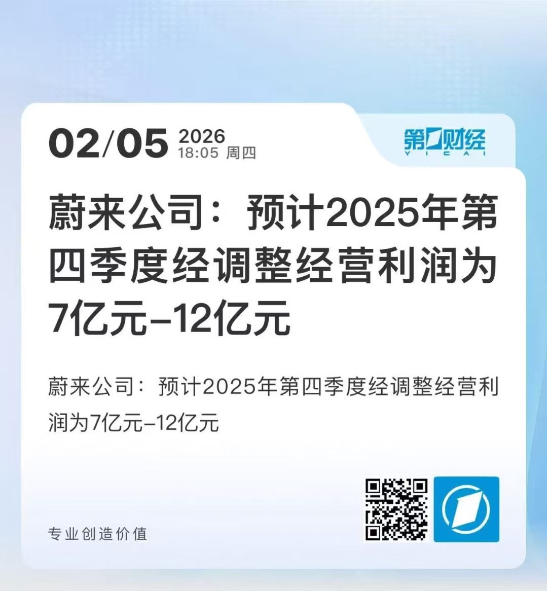 蔚来2025年第四季度经营利润7-12亿元 