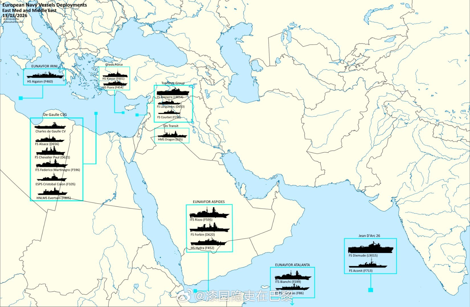 美以伊最新局势 目前欧洲海军在地中海东部和中东地区的部署情况按国家划分的兵力：?