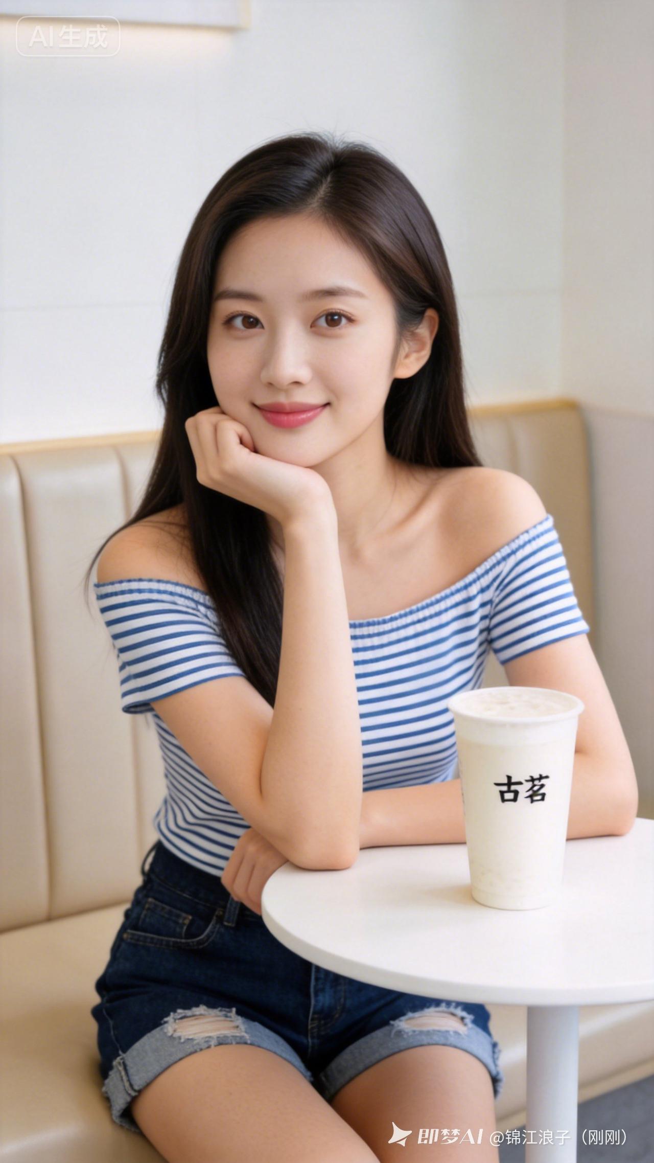 女孩在咖啡馆里喝奶茶微笑。