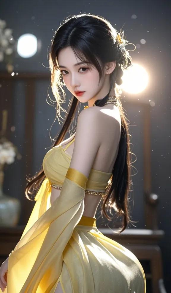 那黄衣美女如春日里的金盏花，明艳而动人。一袭黄裙随风轻摆，衬出她婀娜的身姿。她的