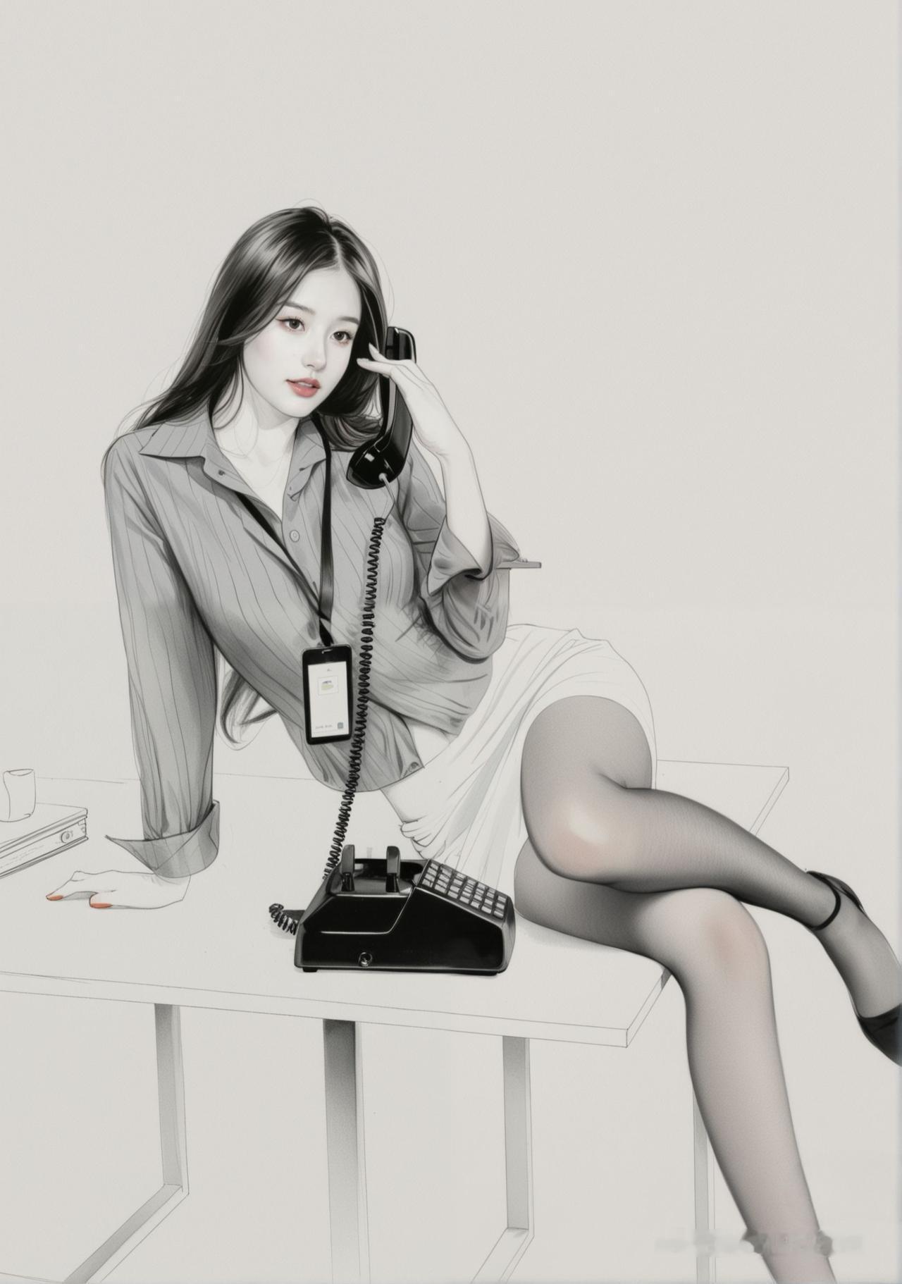 办公室里的优雅女郎，电话旁的迷人姿态