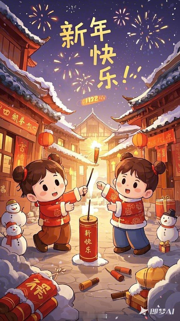 ai创造营 用两个不同AI软件生成的春节海报！提示词相同：有两个可爱的小孩点燃一