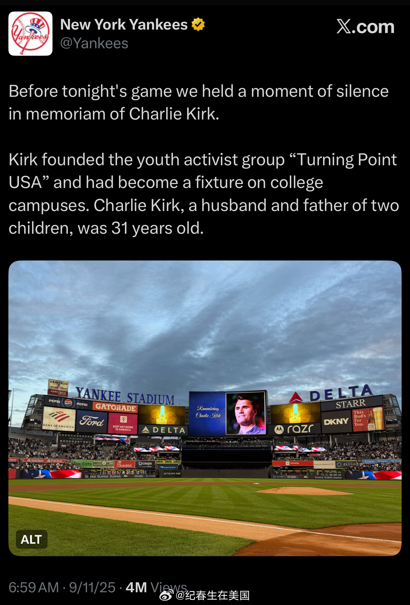 纽约洋基队主场今晚默哀悼念Charlie Kirk。海外新鲜事热点现场今日焦点m