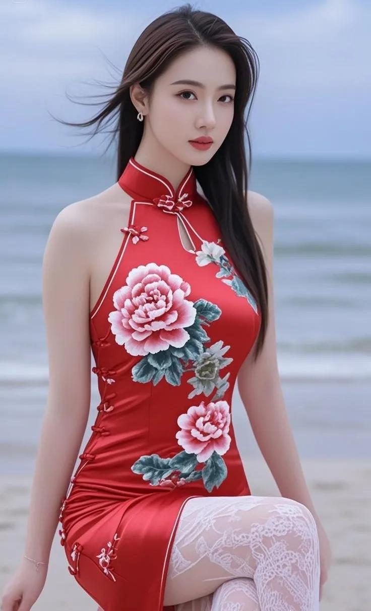 这姑娘在海边穿旗袍真美！旗袍秀东方美人 旗袍 新中式旗袍美女 江南美女旗袍 旗袍