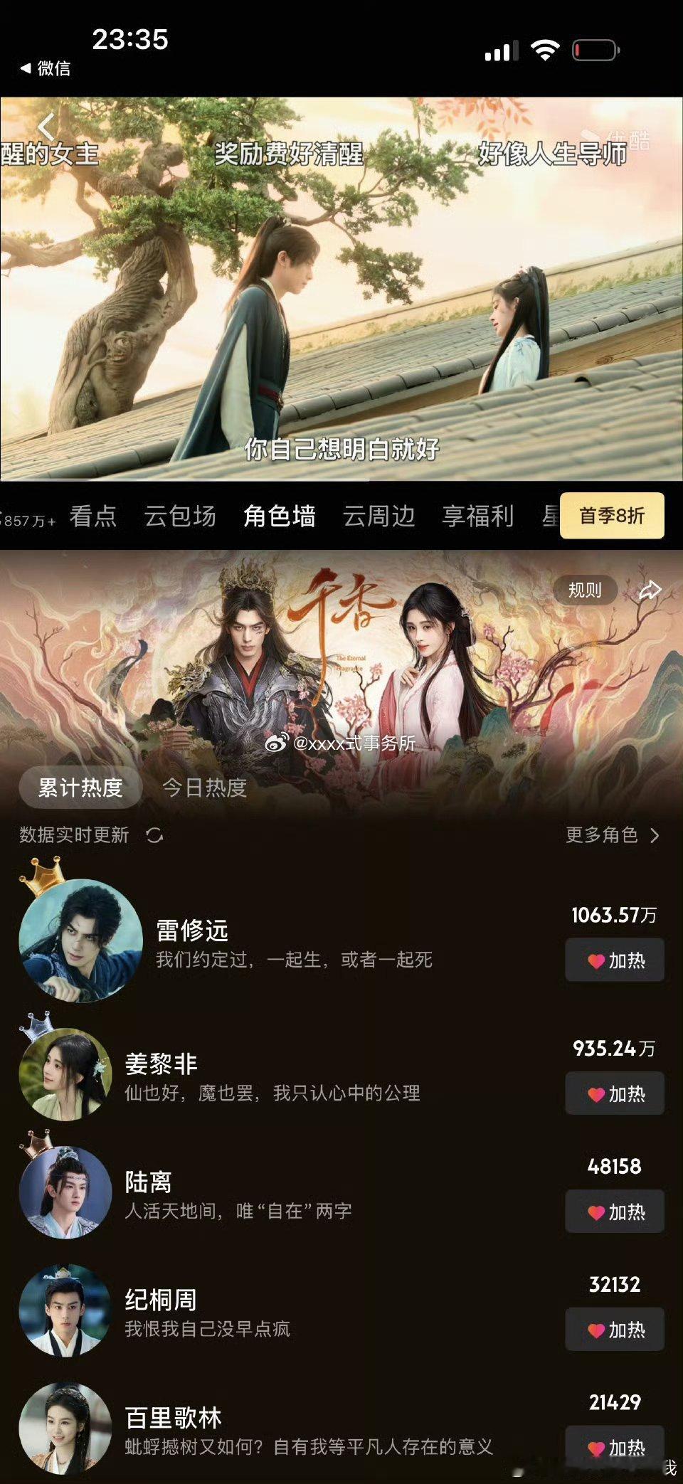 宋威龙千香空降定档9小时凑够2万5+云包场，给剧的热度助力也很高，两部剧撞档都没