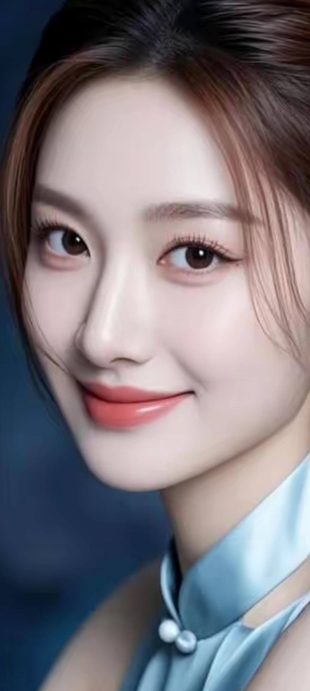 温柔甜美的微笑，蓝白相间的优雅穿搭，散发着迷人的魅力。