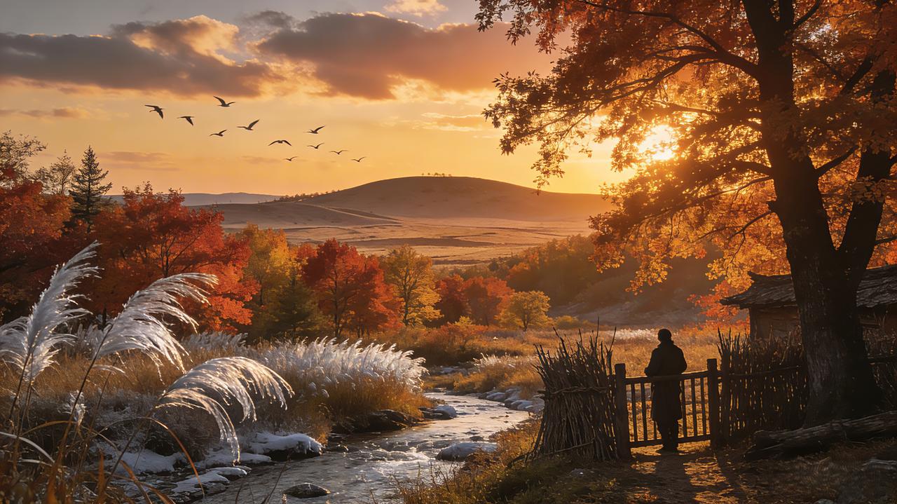 秋野逸韵
秋原漠漠暮云悠，
雁影惊寒过远丘。
霜染枫林燃赤焰，
风摇芦荻舞银绸。