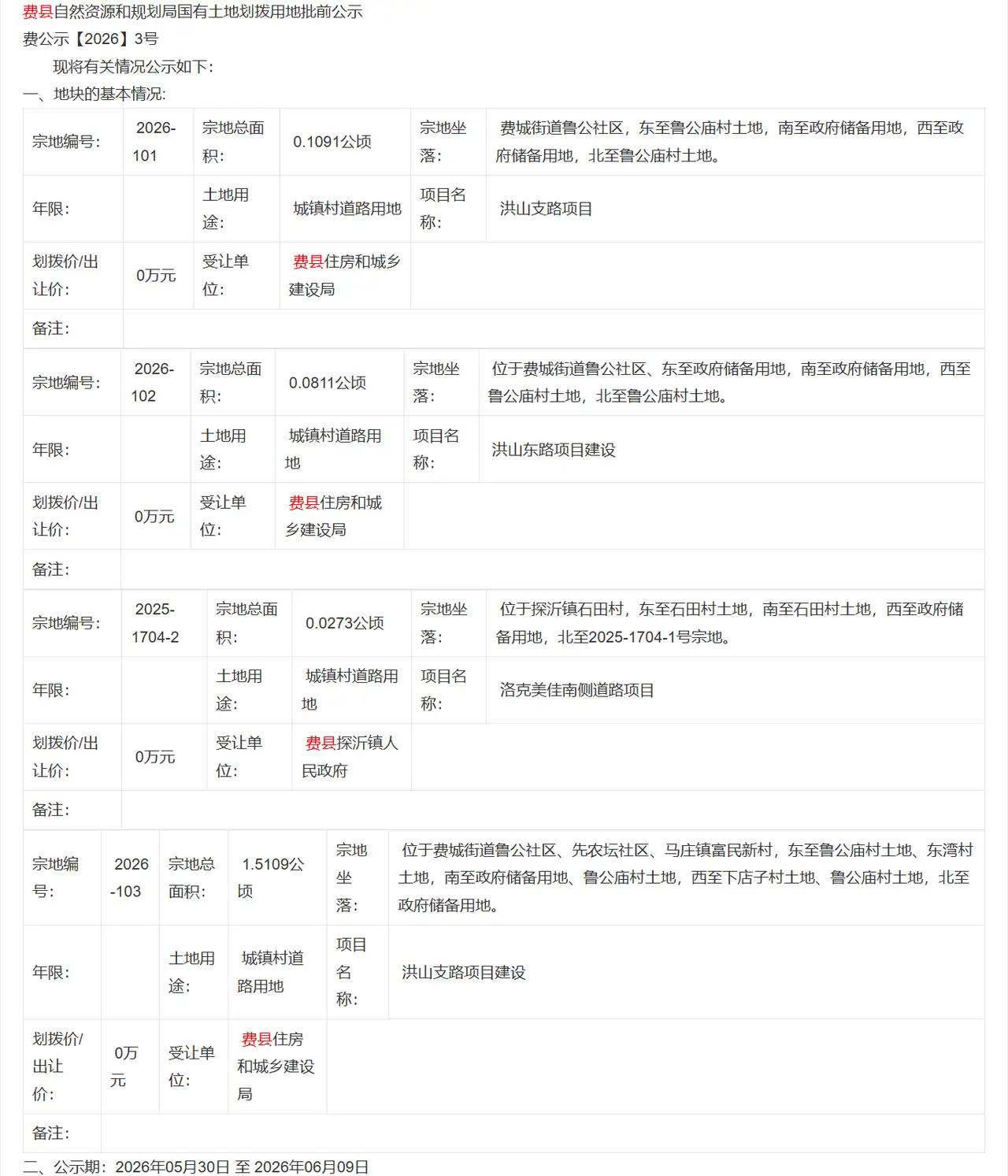 费县鲁公片区、探沂石田道路建设迎来新进展
 
费县最新土地划拨批前公示出炉，洪山