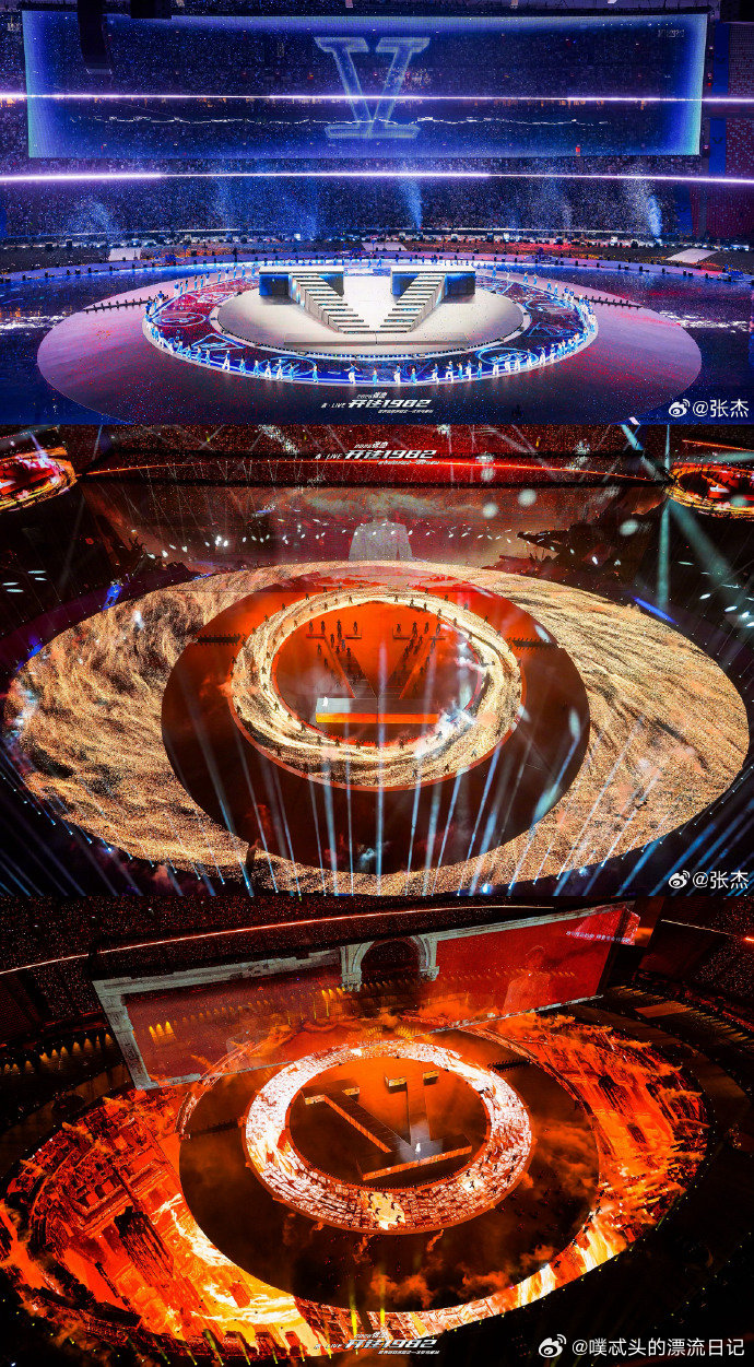 张杰鸟巢演唱会灯光暮色四合，灯光骤亮，鸟巢瞬间变成梦幻秘境，地屏星河蔓延，穹顶星