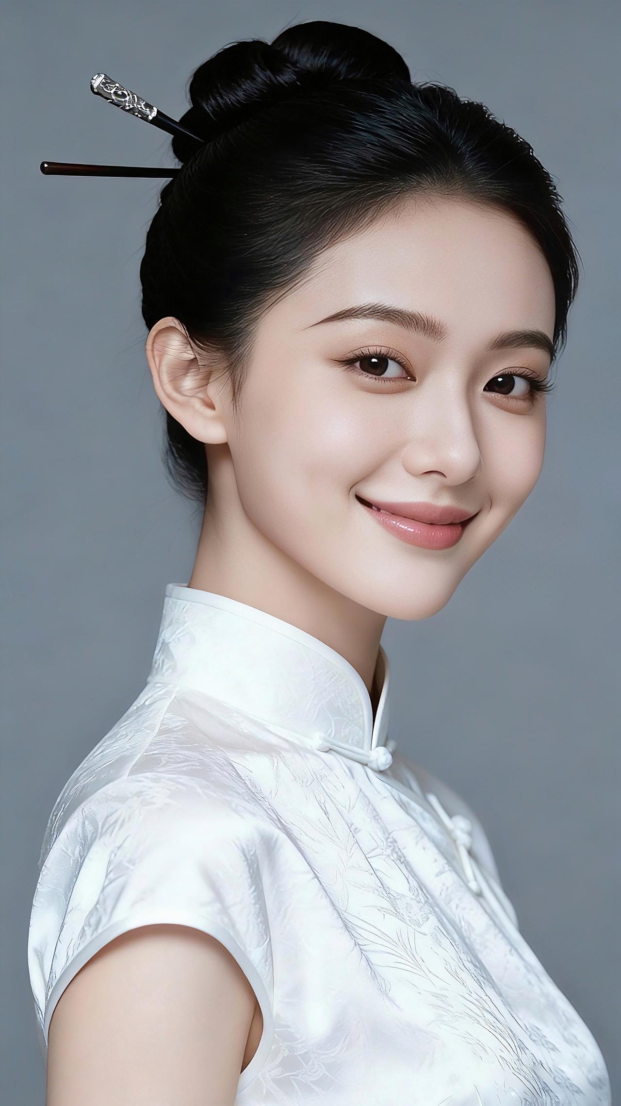 九帧同绘素白旗袍仙。乌发盘髻插古簪，侧颜含笑眸藏星，粉唇似樱雪肌凝。素白暗纹旗袍