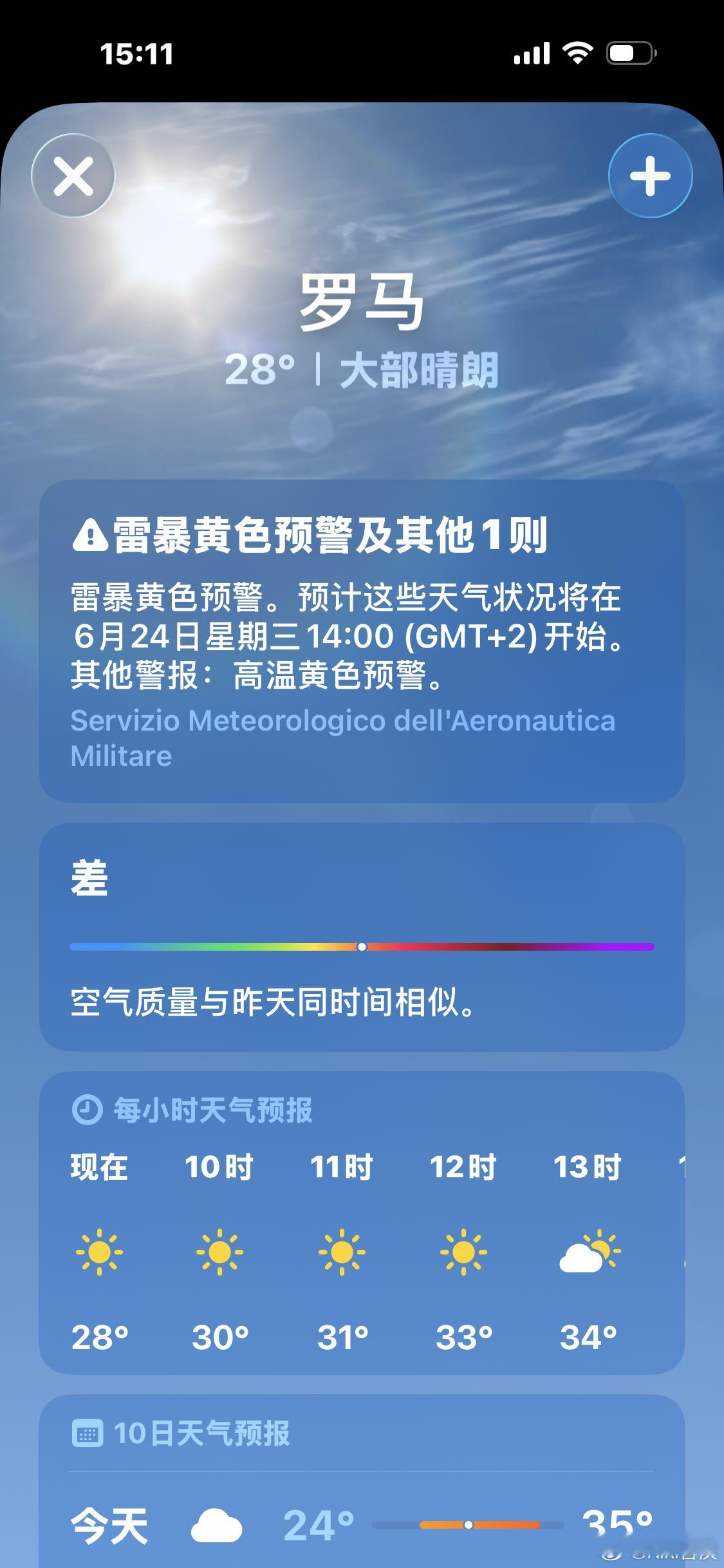 全球多地高温暑假想安排意大利游看了下天气 都是显示高温预警目的地气温超过28度 