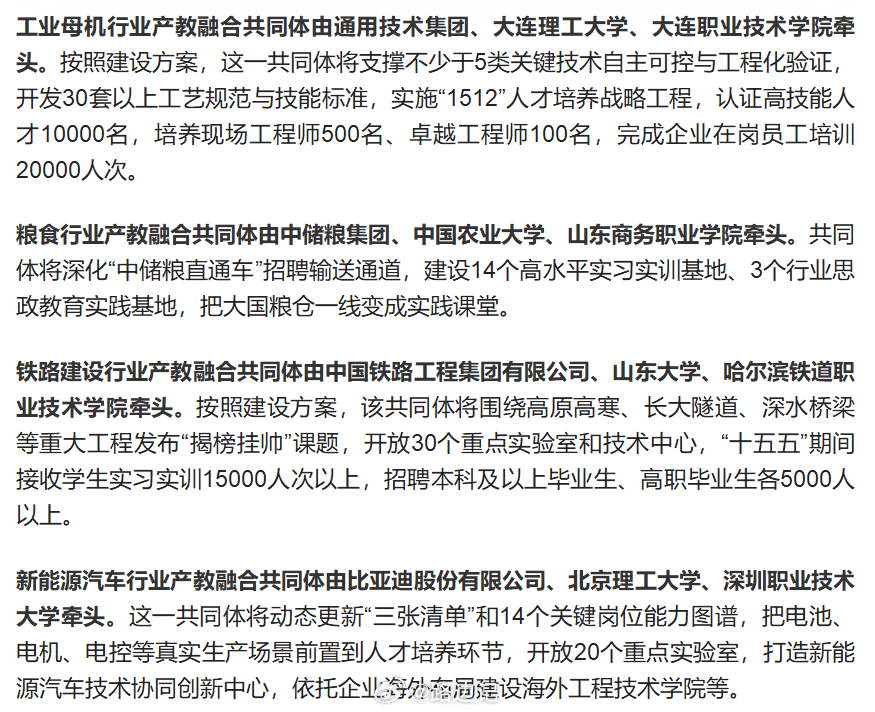 9月29日，国家工业母机、粮食、铁路建设、新能源汽车4个国家级行业产教融合共同体
