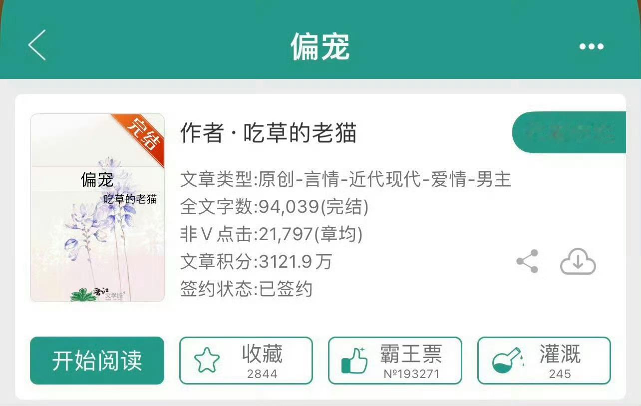小说推荐：《偏宠》 作者:吃草的老猫简评：清冷妖精女主vs冷酷性感大佬，暗恋，养