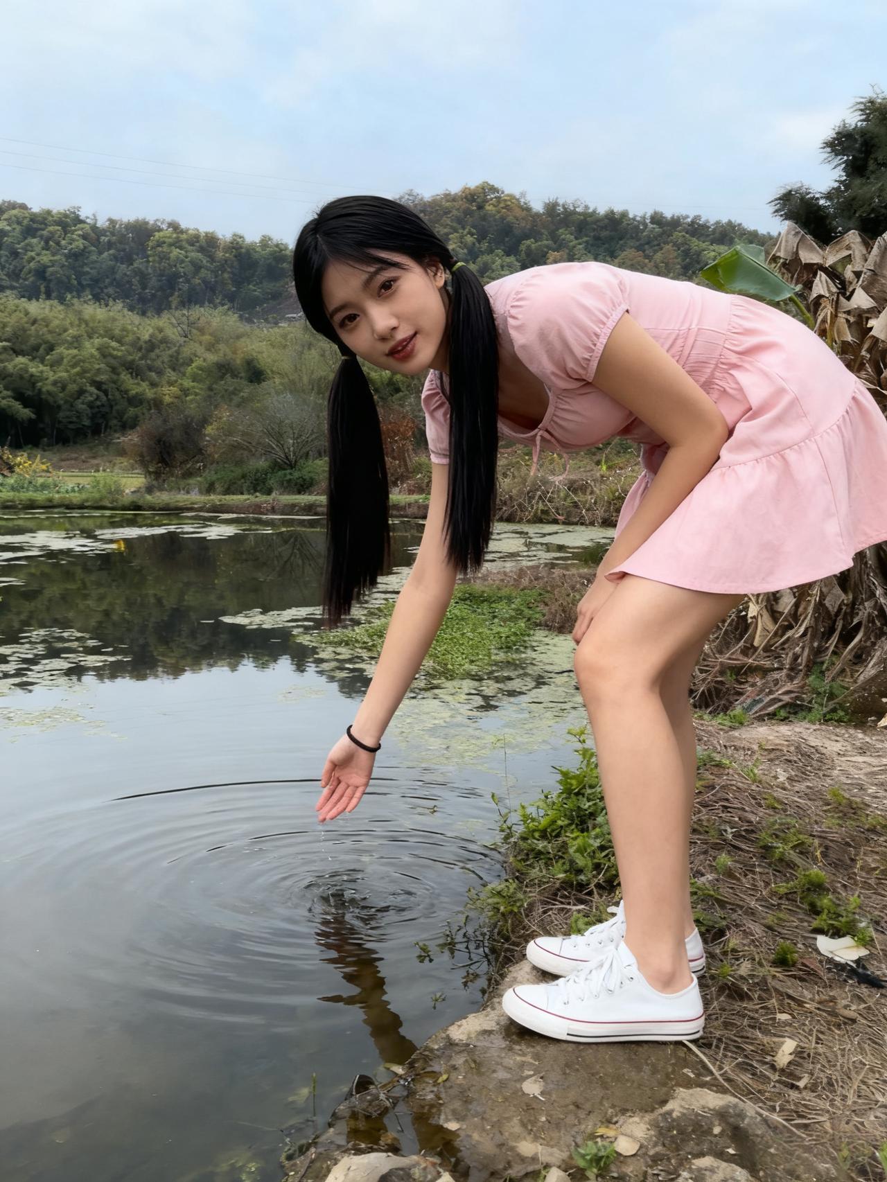 粉裙袅袅立湖滨，纤手轻撩水波粼。
草色沾衣分浅碧，云光入眼共清匀。
双鬟垂落疑堆