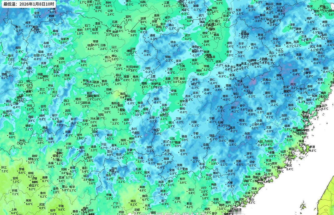 不同地方、不同气象站的夜晚辐射降温能力有差别，今早长江流域最低气温分布图中可以清