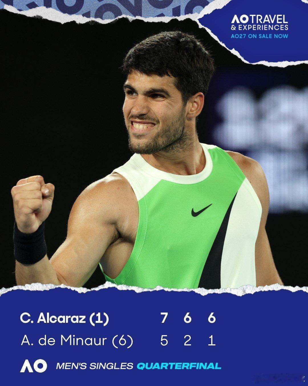 🇪🇸阿卡拉斯7-5/6-2/6-1德米纳尔🇦🇺首次晋级澳网四强个人第10