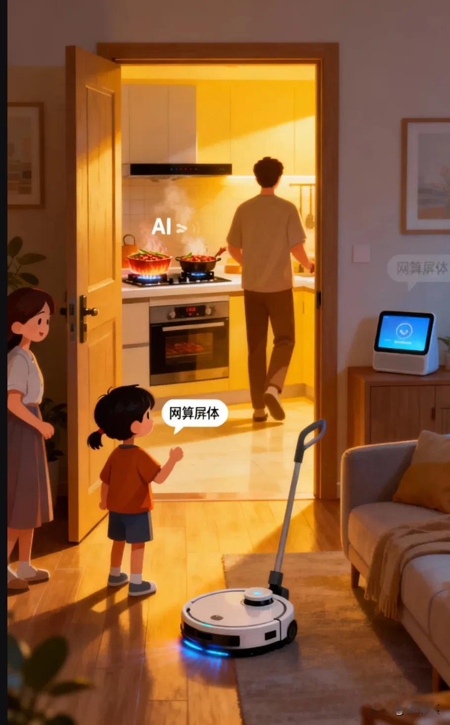 推开家门，暖黄的灯光应声漫开，恰好接住晚归的疲惫；厨房飘来熟悉的香气，是AI灶台