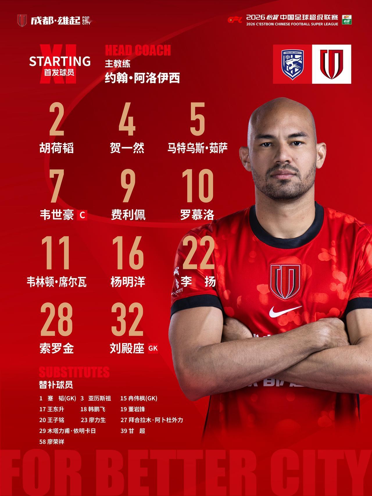比赛首发名单出炉！成都，雄起！