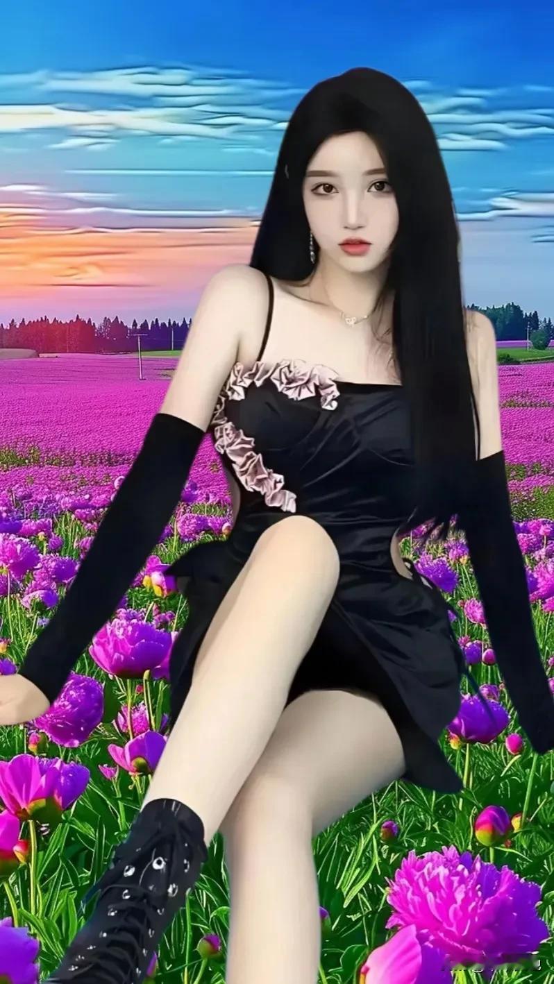 在梦幻的紫色花海中，一位黑发美人优雅地坐在草地上，仿佛置身于童话世界。