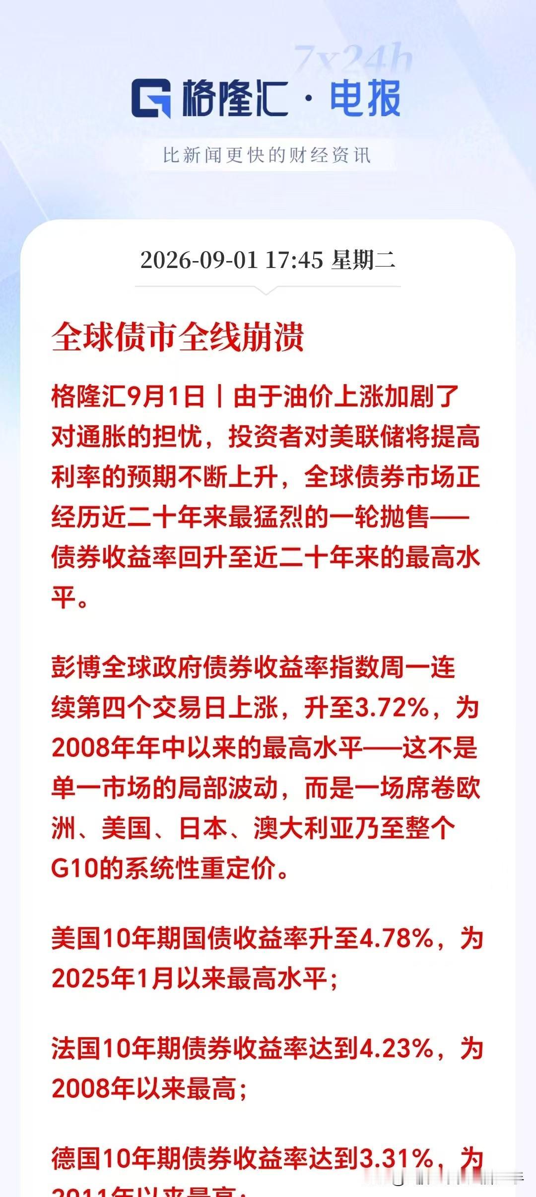 夜里传来大消息，由于油价近期上涨加剧了对通胀的担忧，全球债市集体崩盘，这是近二十