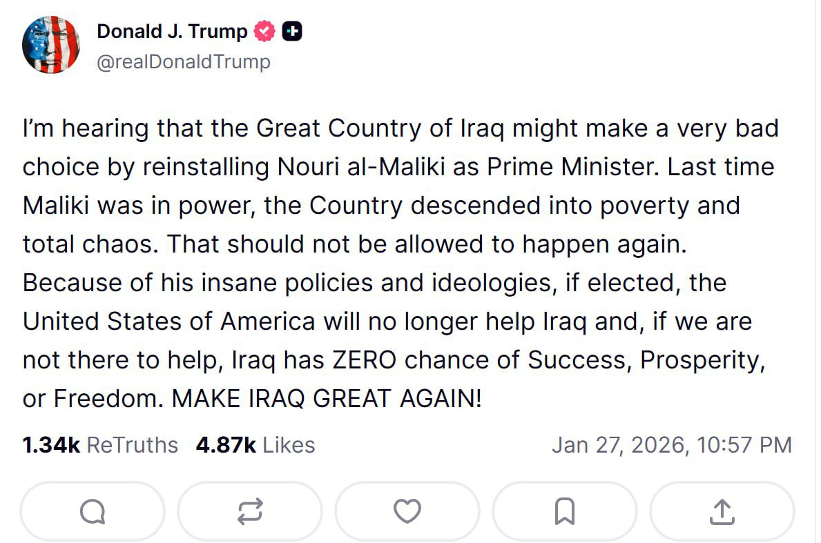 特朗普威胁称，如果伊拉克任命一位不受欢迎的政治人物担任总理，美国将停止对伊拉克的