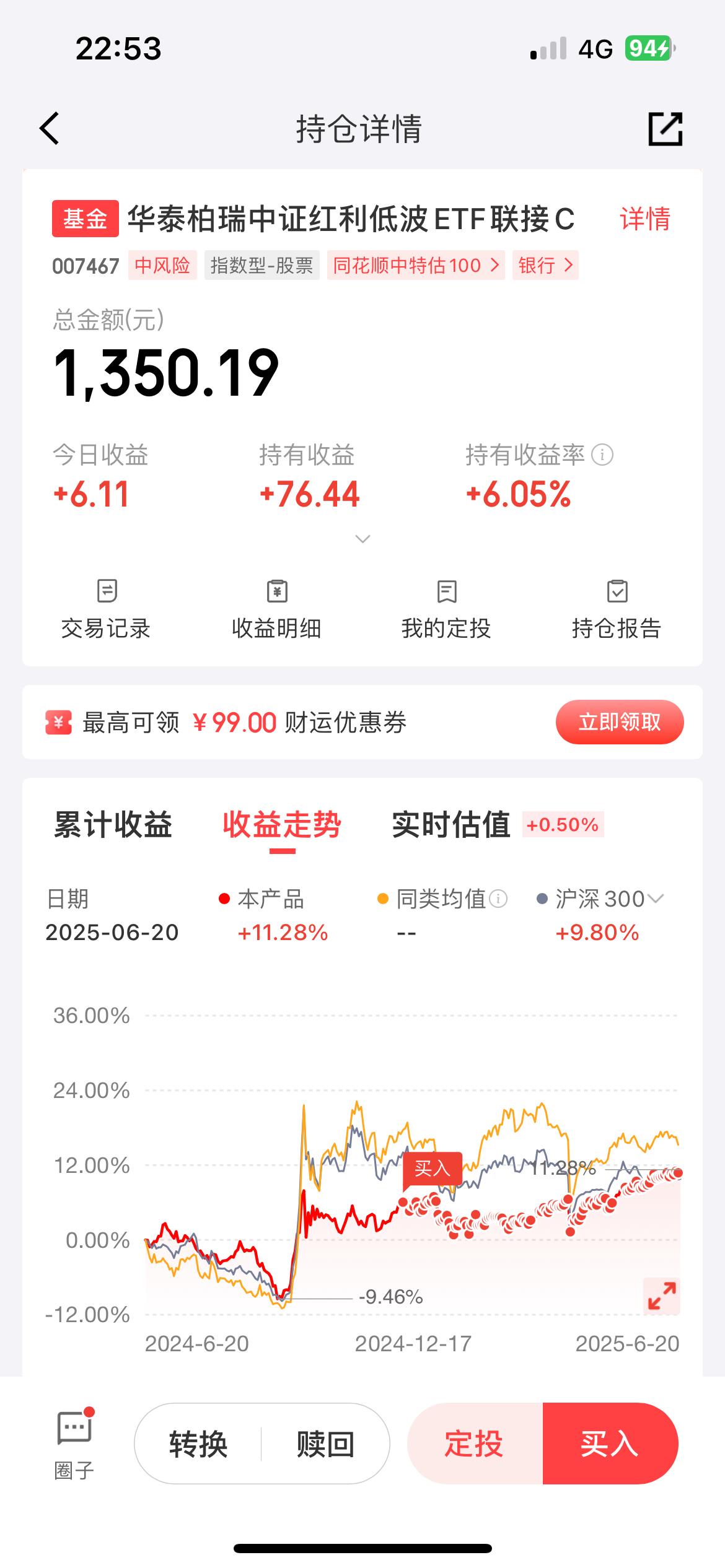 每天定投10元，7个月时间，我的华泰柏瑞中证红利低波指数已经6个点收益！

如果