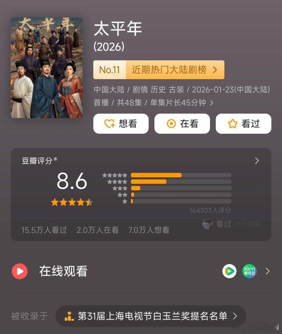 【二胖发布】太平年豆瓣评分涨至8.6 白宇、周雨彤、朱亚文主演的《太平年 》豆瓣