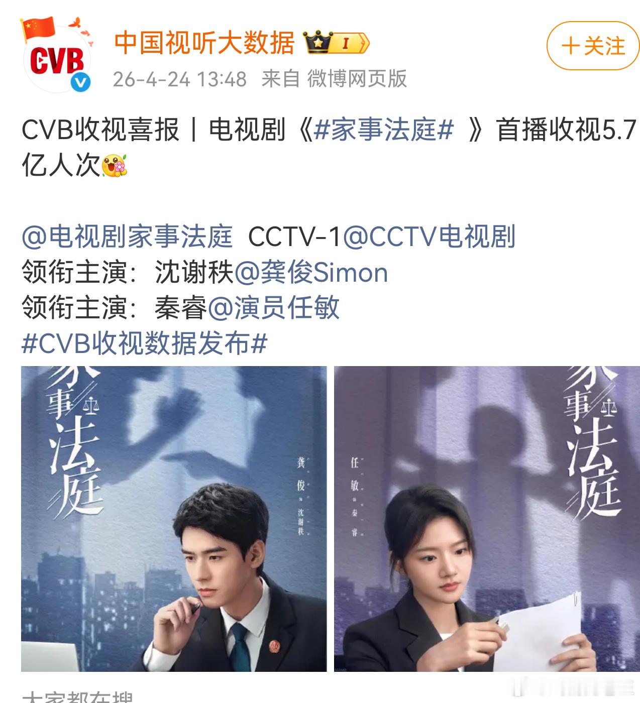 来自CVB官方的战报！！！龚俊《家事法庭 》首播收视5.7亿人次！！！恭喜龚俊的