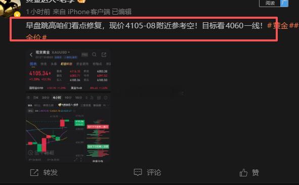 早间开门红拿下，4105进场，现报4086一线！空单浮现190点利润，场外没有离
